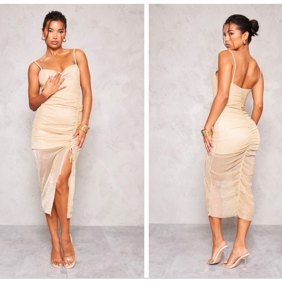 NWT PrettyLittleThing Gold Glitter Metallic Ruched Midi Party Dress Small 4 - Picture 4 of 8
